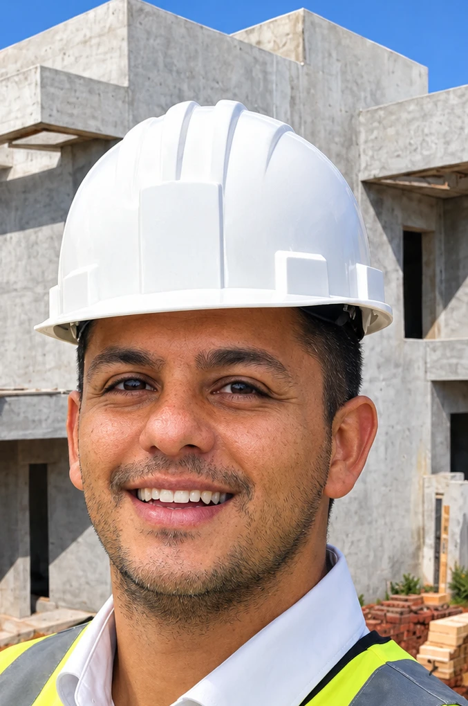 Engenheiro Vinícius Bonavita com capacete e colete na obra